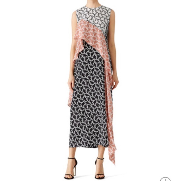 DVF pink ruffle trim midi silk print black white 6 - Picture 1 of 16